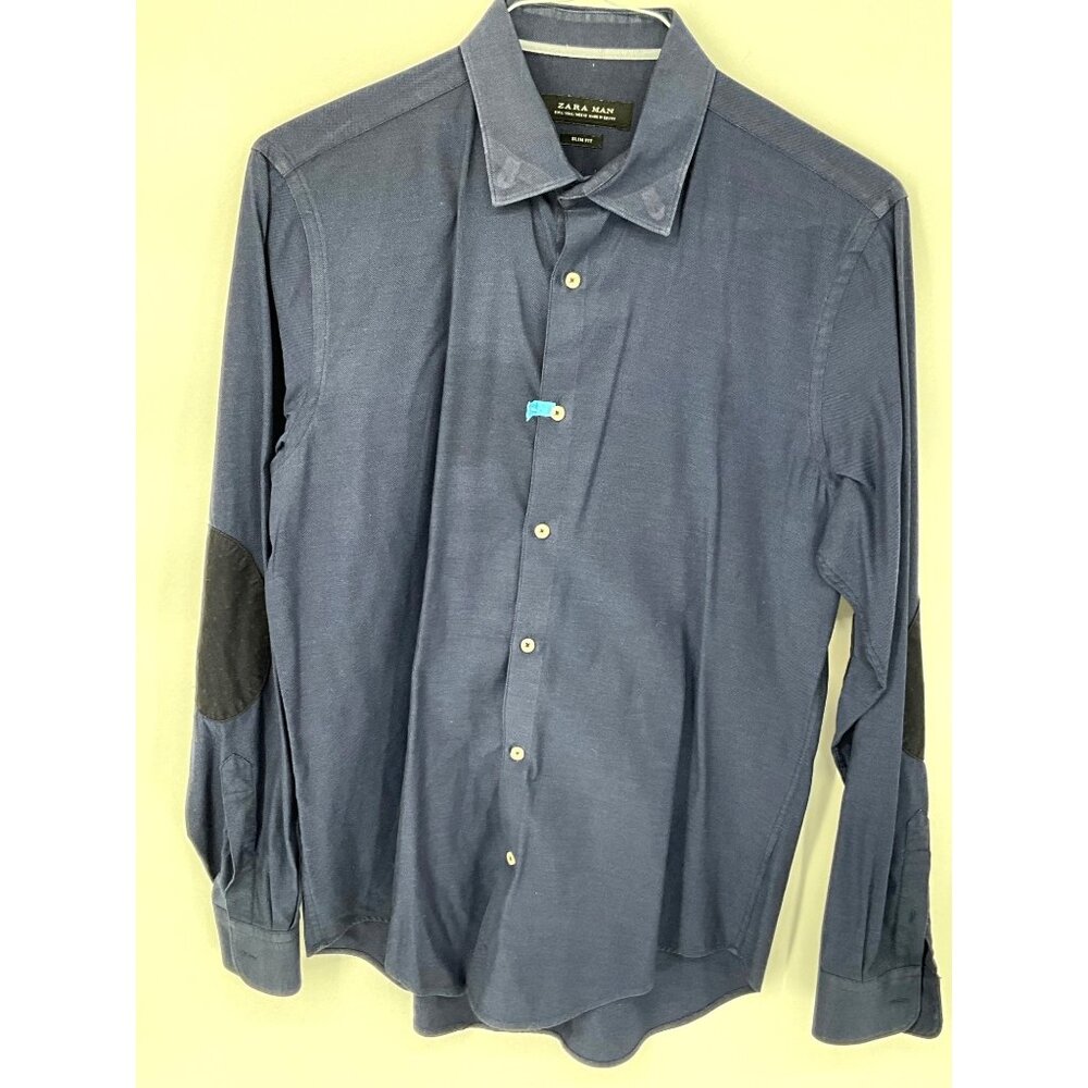 Zara‎ Man Slim Fit Long Sleeve Navy Blue Shirt With Navy Elbow Patches Large